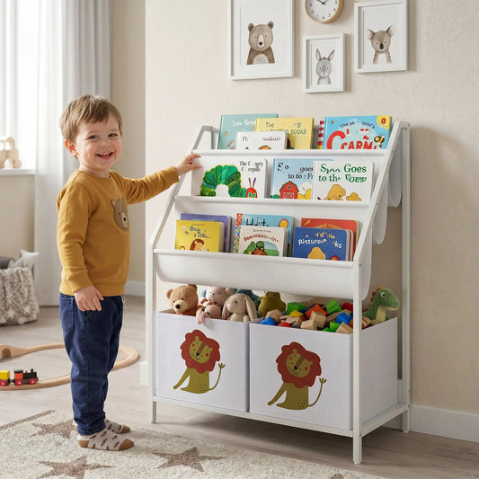 3-Tier Sling Bookshelf With Toy Storage, Montessori Organizer Baby & Kids Storage White at Gallery Canada