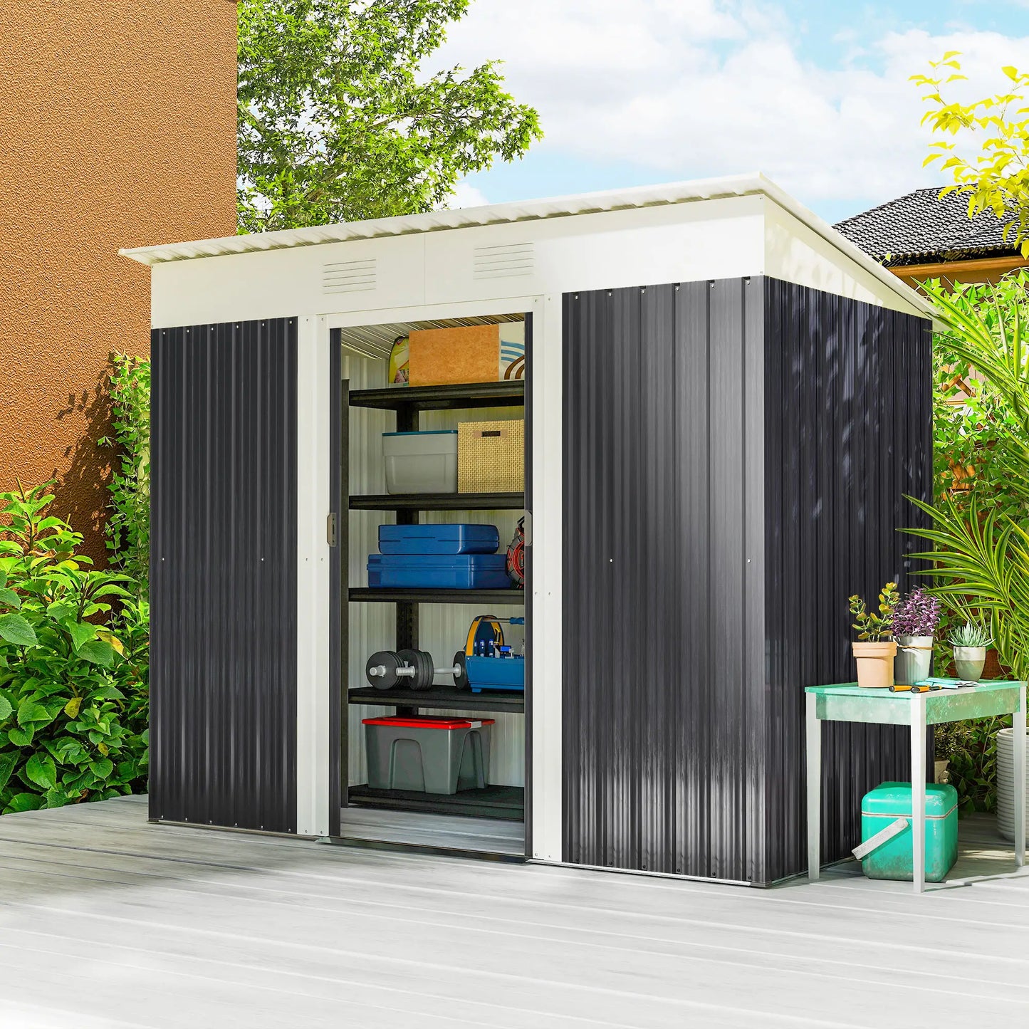 7' x 4' Outdoor Storage Shed, Metal Garden Tool Organizer, Lockable Doors, Charcoal Grey Sheds at Gallery Canada