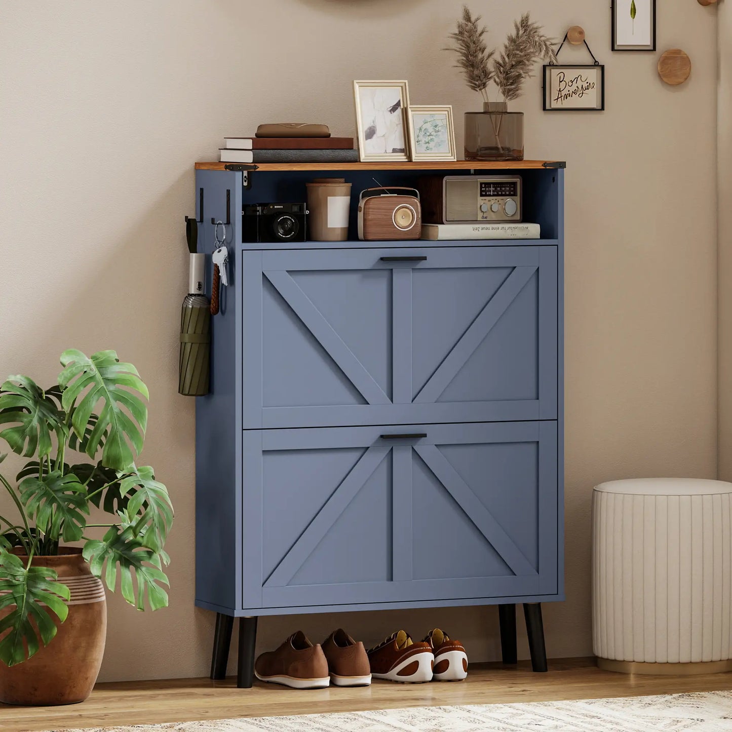 Shoe Storage Cabinet, 2 Flip Drawers, Farmhouse Narrow, Holds 16 Pairs, Blue Shoe Storage Cabinets & Racks at Gallery Canada