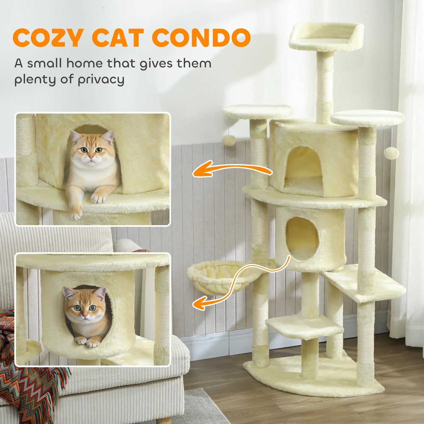 62" Cat Tree, Scratching Post, 2 Condos, Hammock, Perches, Beige