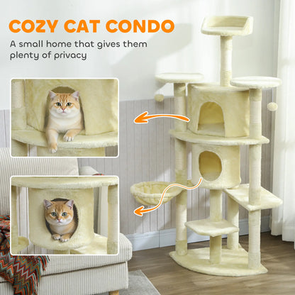 62" Cat Tree, Scratching Post, 2 Condos, Hammock, Perches, Beige