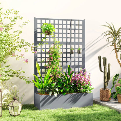 Galvanized Raised Garden Bed Planter Box With Trellis, 43"x16"x70", Grey Wood Effect, Grey