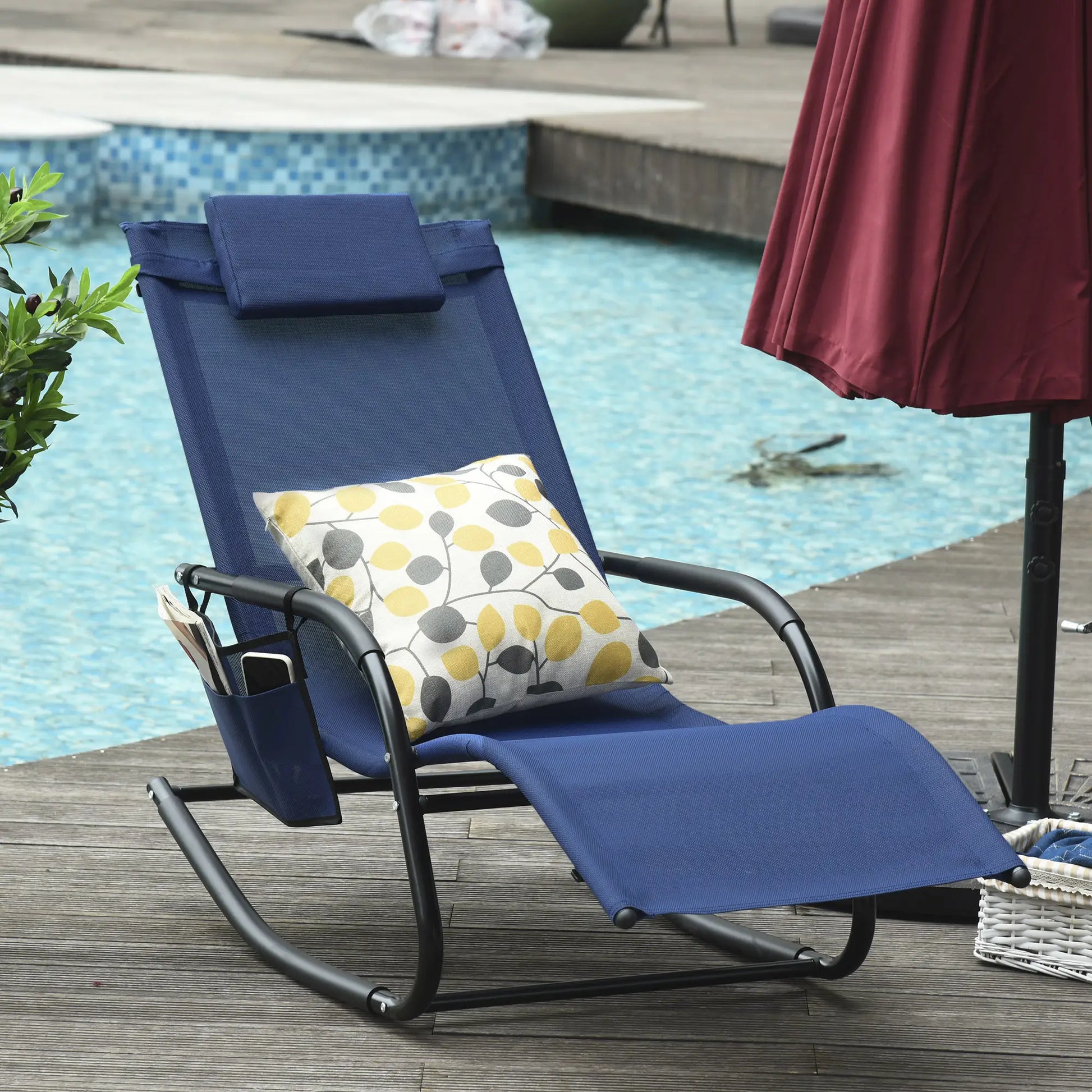 Outdoor Rocking Chair, Mesh Fabric, Removable Headrest, Side Pocket, Blue Outdoor Rocking Chairs at Gallery Canada