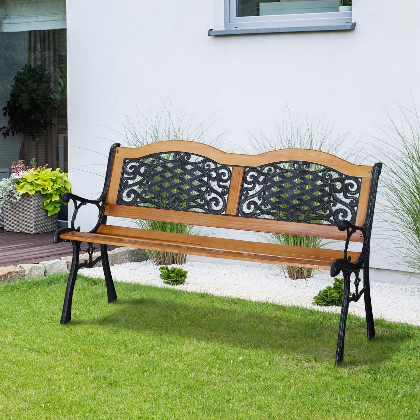 50" Garden Bench, Porch Park Chair, Cast Iron Hardwood Outdoor Benches at Gallery Canada