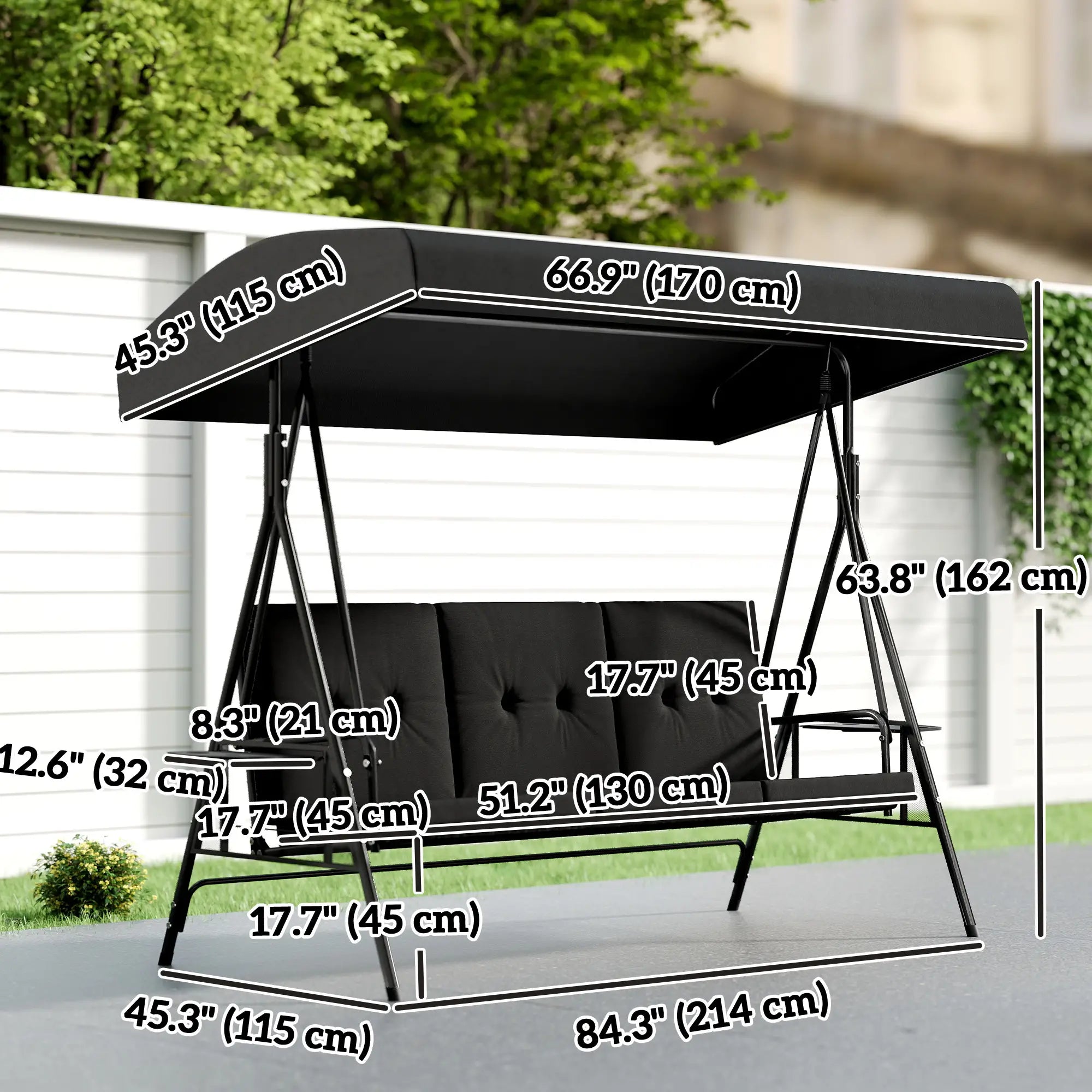 3-Seat Outdoor Swing With Adjustable Canopy, Side Tray, Black Patio Swings with Stand at Gallery Canada