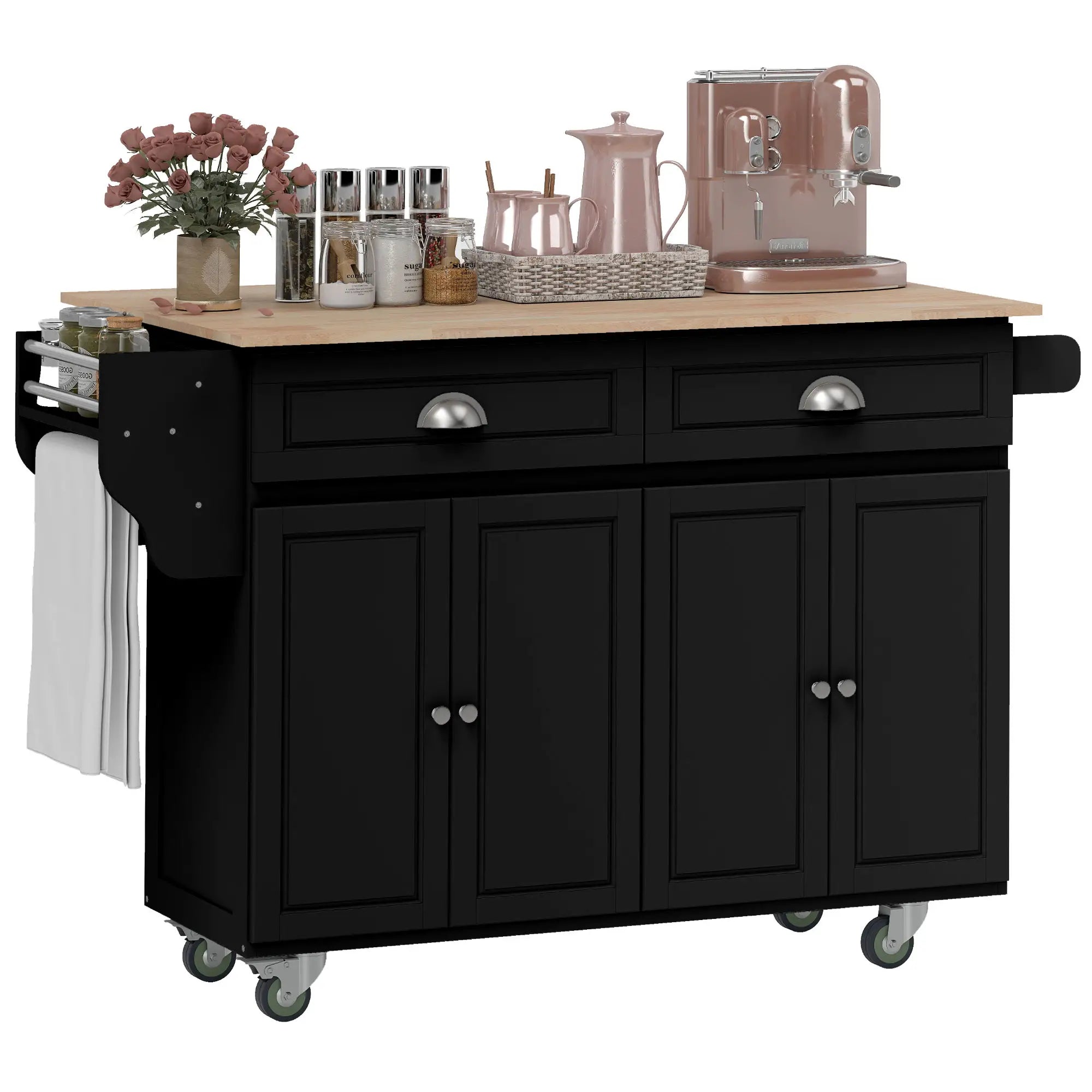 Kitchen Island with Storage, Drop Leaf, Rubber Wood Top, Black Kitchen Islands & Kitchen Carts Black at Gallery Canada