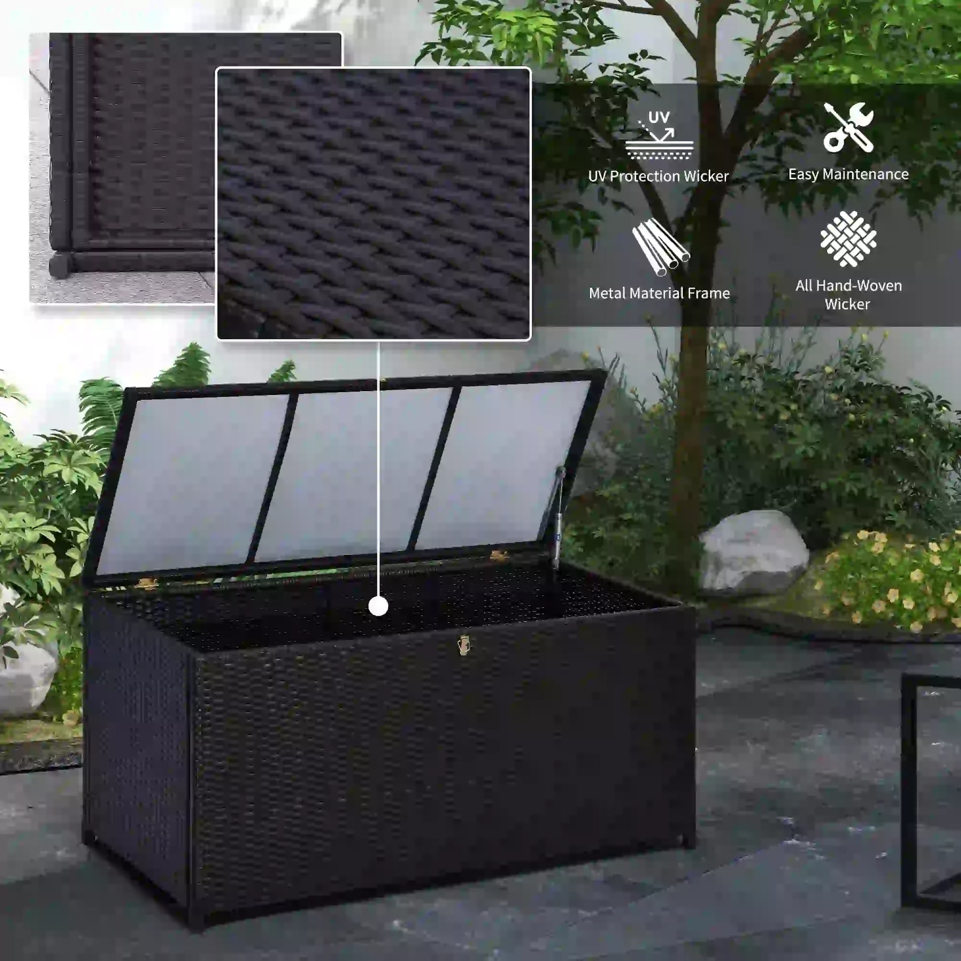 Wicker Outdoor Storage Box, 75 Gallon, Gas Strut Lid, Dark Brown Patio Storage Boxes at Gallery Canada