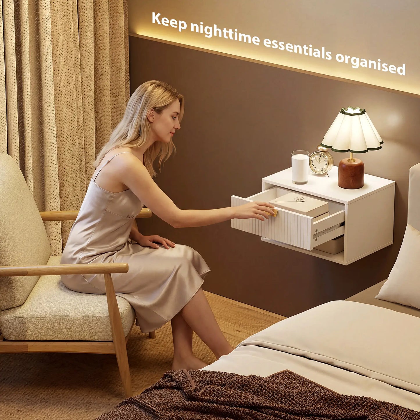 Set of 2 Floating Nightstands, Wall Mounted with Fluted Drawer and Shelf, White
