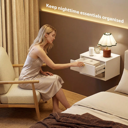 Set of 2 Floating Nightstands, Wall Mounted with Fluted Drawer and Shelf, White