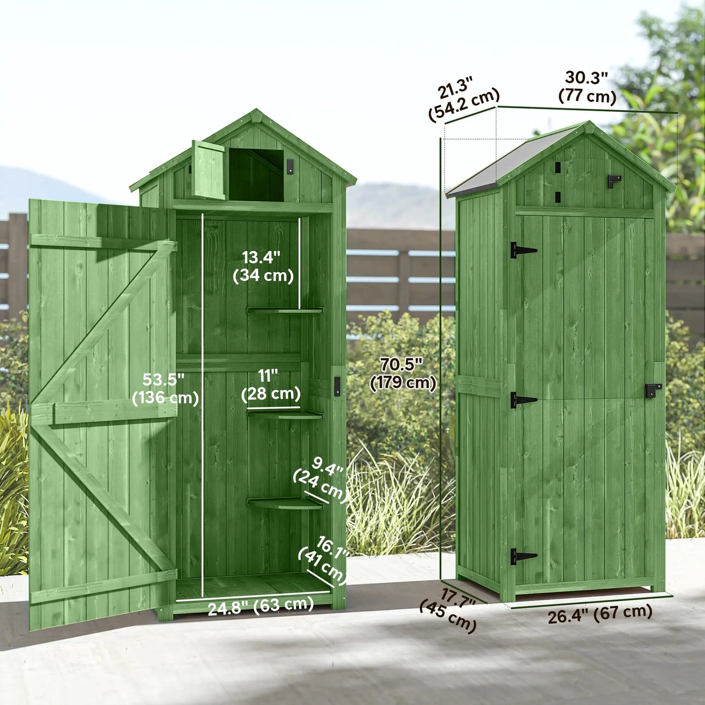 30" x 21" x 71" Garden Storage Shed, Outdoor Tool House, 3 Tier Shelves, Green Sheds at Gallery Canada