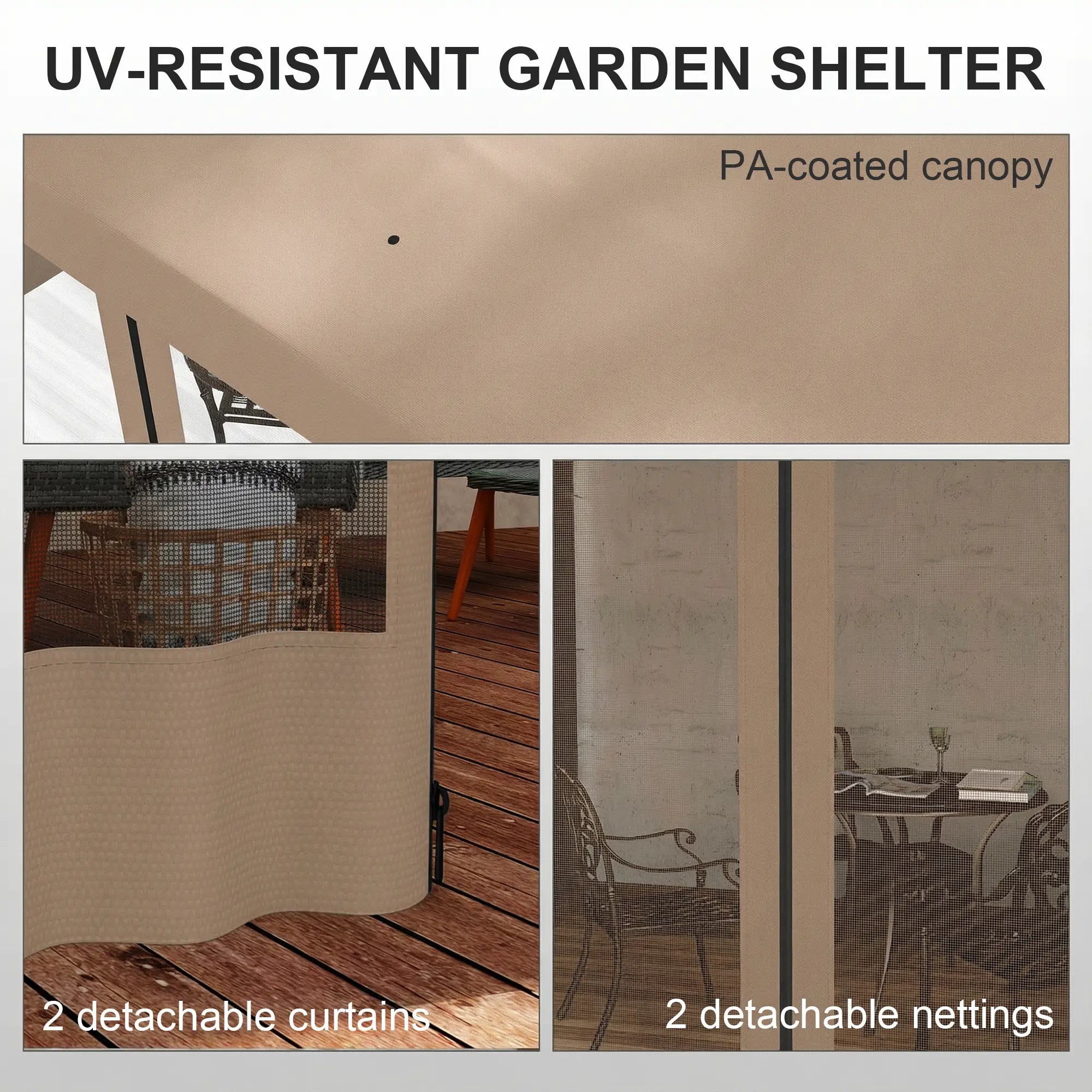 10' x 13' Wall Pergola, Outdoor Gazebo with Curtains, Nettings, Khaki Pergolas at Gallery Canada