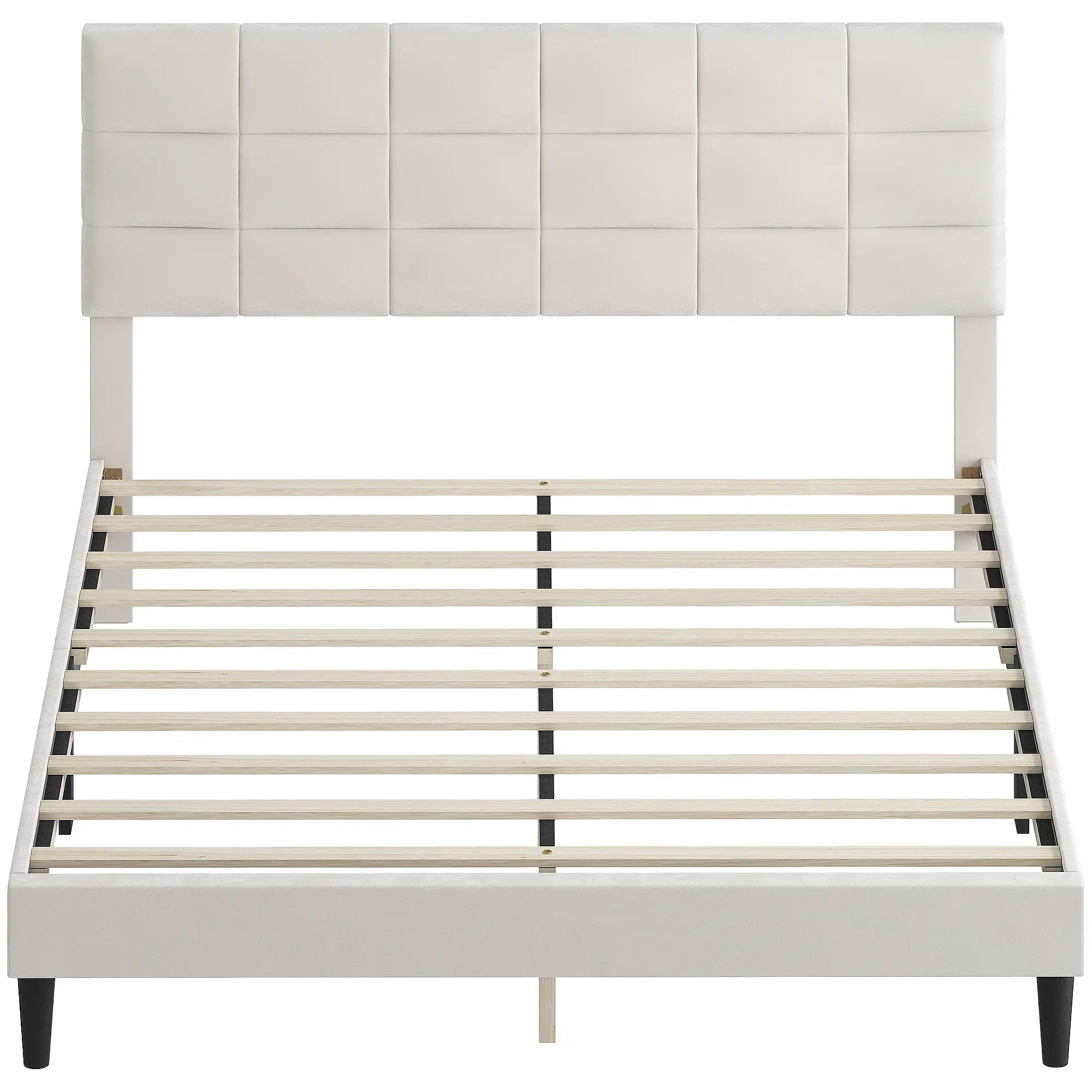 Queen Size Bed Frame, Upholstered Headboard, Wood Slats, 1100 lbs, Cream Bed Frames Cream at Gallery Canada