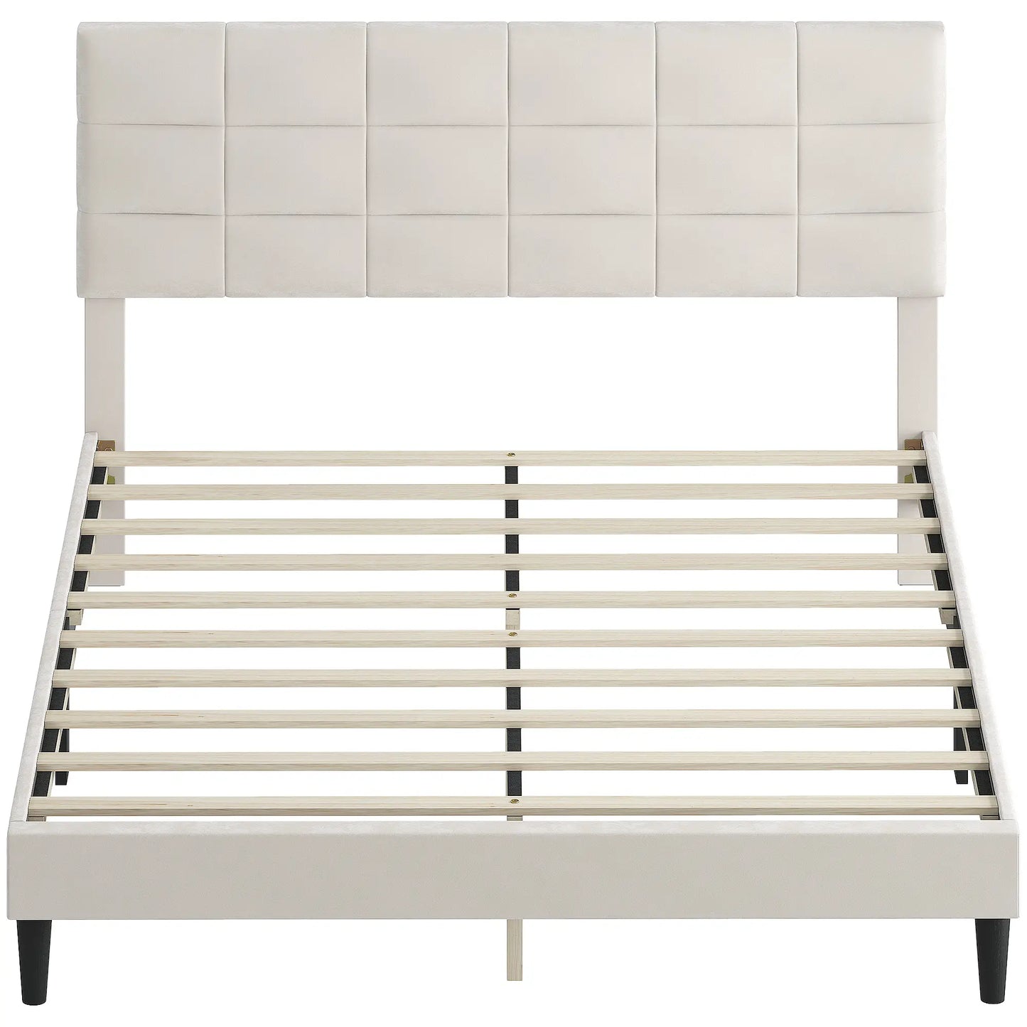 Queen Size Bed Frame, Upholstered Headboard, Wood Slats, 1100 lbs, Cream Bed Frames Cream at Gallery Canada