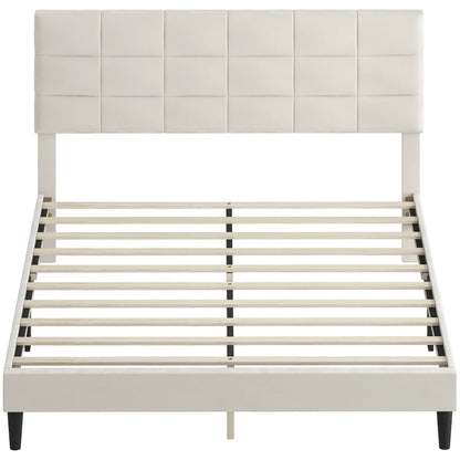 Queen Size Bed Frame, Upholstered Headboard, Wood Slats, 1100 lbs, Cream Bed Frames Cream at Gallery Canada