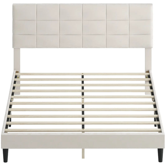 Queen Size Bed Frame, Upholstered Headboard, Wood Slats, 1100 lbs, Cream Bed Frames Cream at Gallery Canada