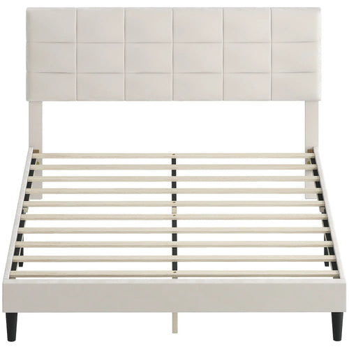 Queen Size Bed Frame, Upholstered Headboard, Wood Slats, 1100 lbs, Cream