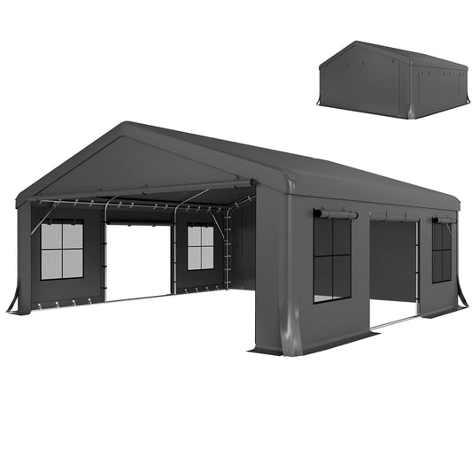 20' x 20' Heavy Duty Carport, Portable Garage Canopy Tent, Dark Grey Car Shelters Dark Grey at Gallery Canada