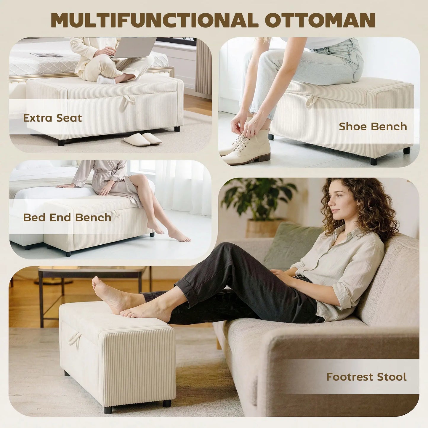 Storage Ottoman, Upholstered Corduroy Bench, Beige Storage Ottomans & Benches at Gallery Canada