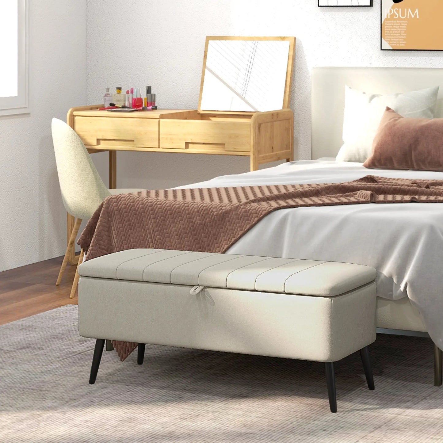 40" Ottoman with Storage, Linen Upholstered, Cream White Storage Ottomans & Benches at Gallery Canada