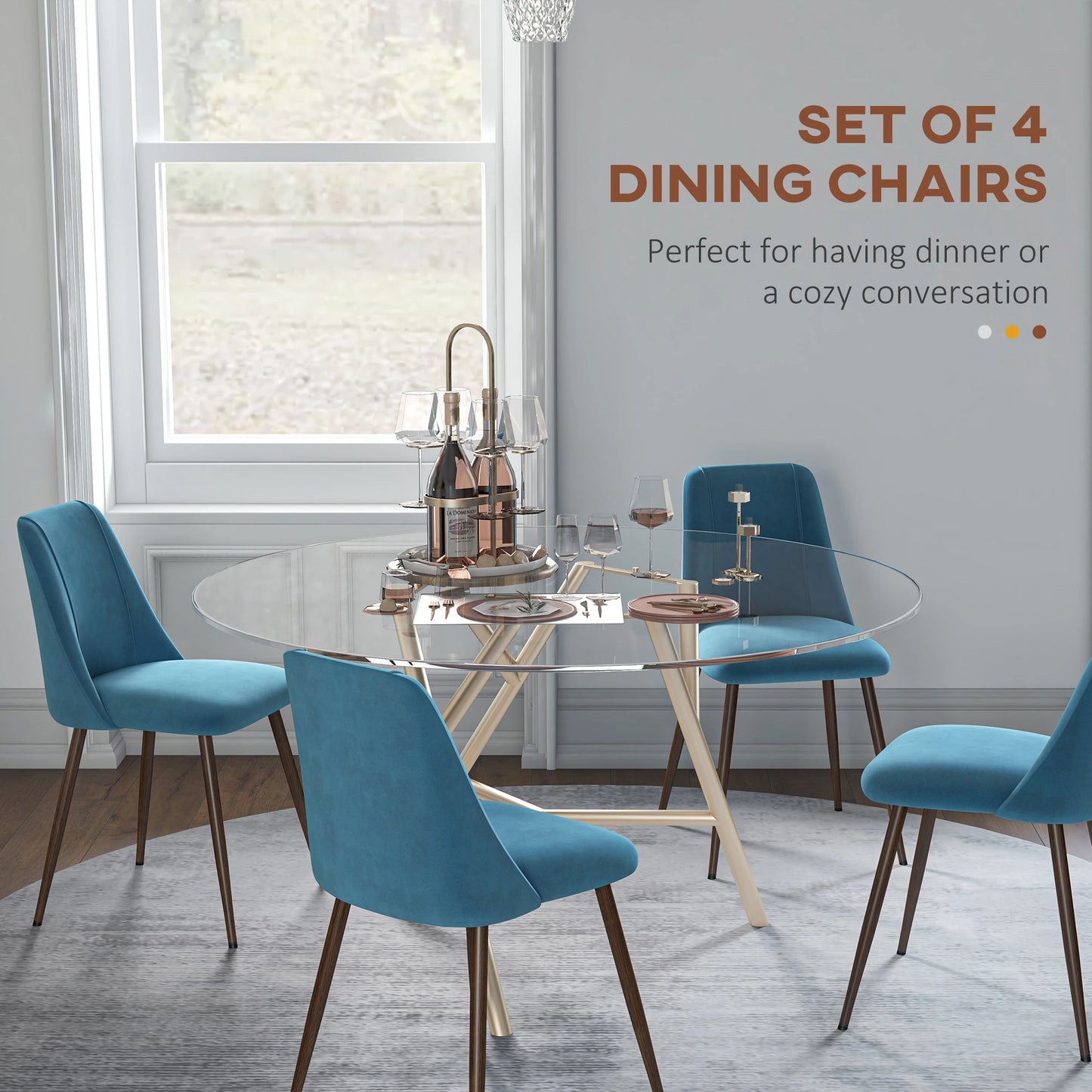 Upholstered Dining Chairs Set of 4, Velvet, Wood-Grain Steel Leg, Blue Bar Stools at Gallery Canada