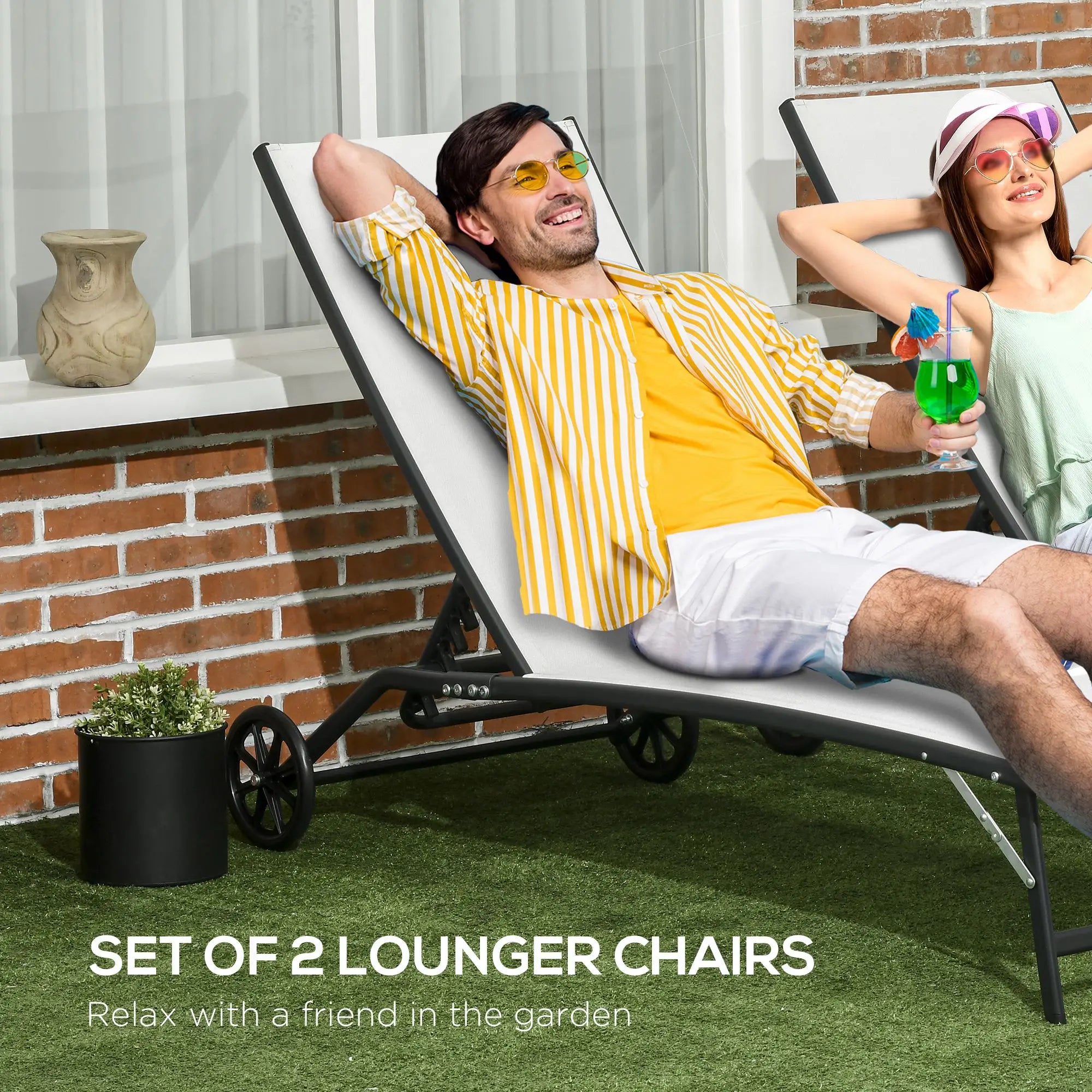 2PCs Lounge Chairs with Wheels, 5-Level Adjustable Backrest, White, White Lounger Chairs at Gallery Canada