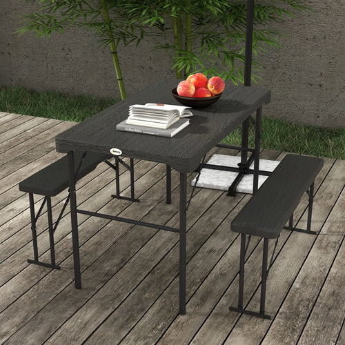Folding Picnic Table With 2 Benches, 3-Piece Set for 4, Dark Grey