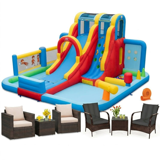 Ultimate Backyard Summer Oasis Set: 6-Pc Patio Rattan Furniture Inflatable Water Slide Park with 680W Blower Outdoor & Patio Furniture Multicolor at Gallery Canada