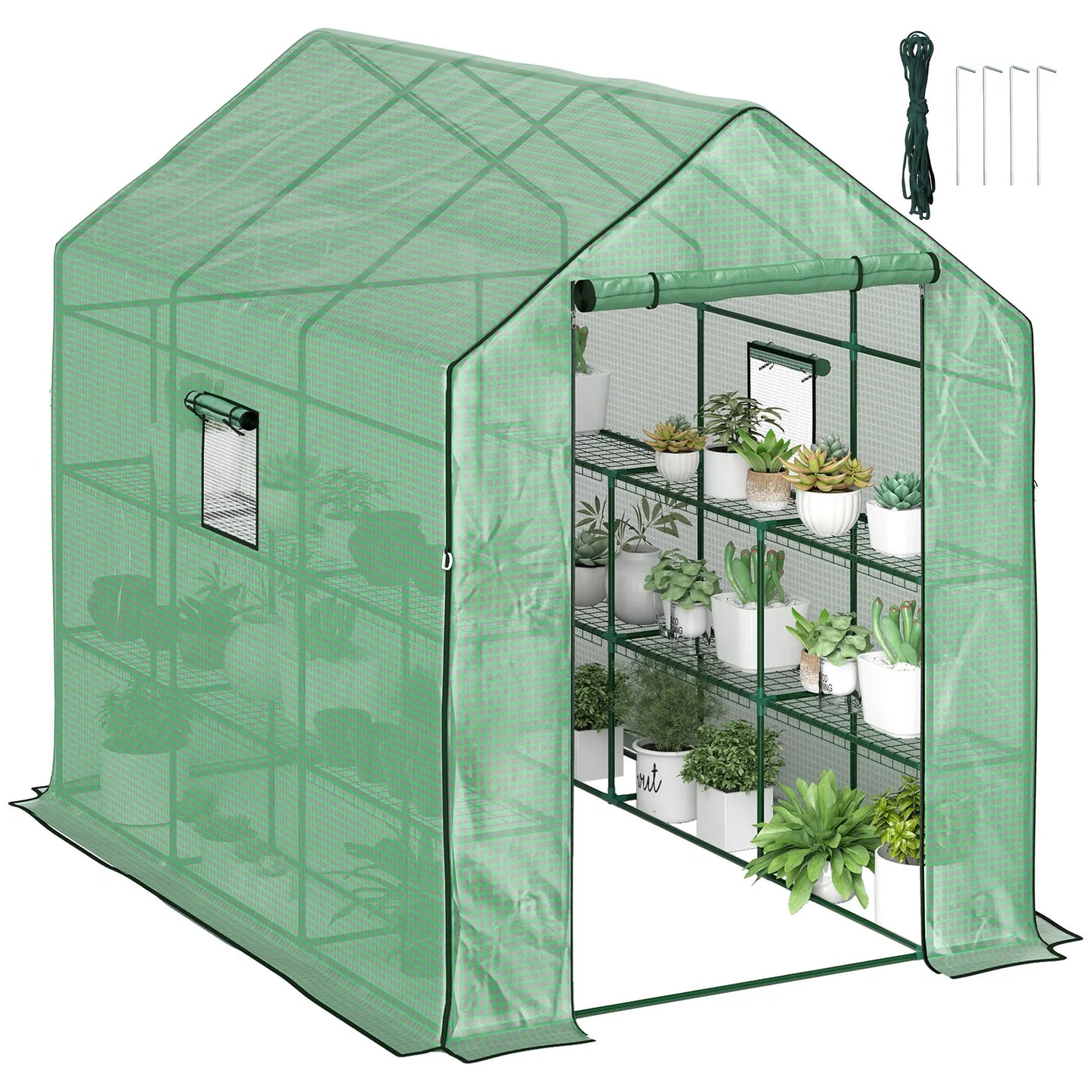 Walk-in Greenhouse, 3 Tier, Roll-up Door, Mesh Windows, 140 x 213 x 190 cm, Green