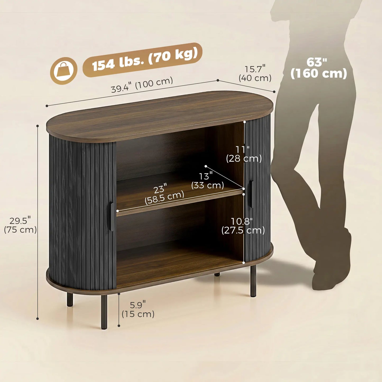 Wood Grain Sideboard With Curved Tambour Doors, Brown