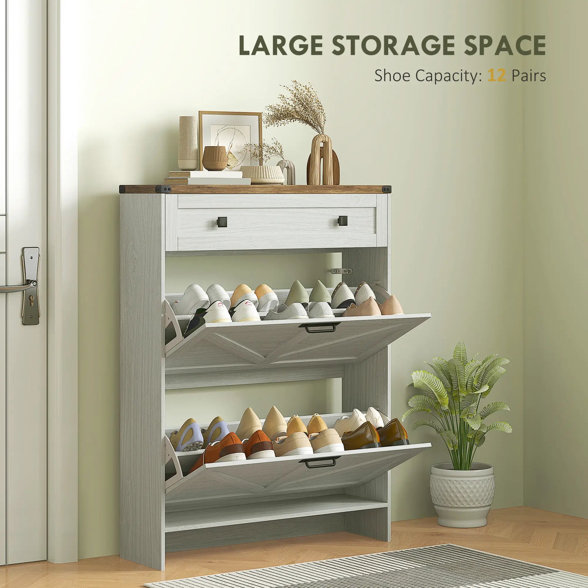 Narrow Shoe Storage Cabinet, 2 Flip Drawers, 1 Drawer, 12 Pairs, White Shoe Storage Cabinets & Racks at Gallery Canada