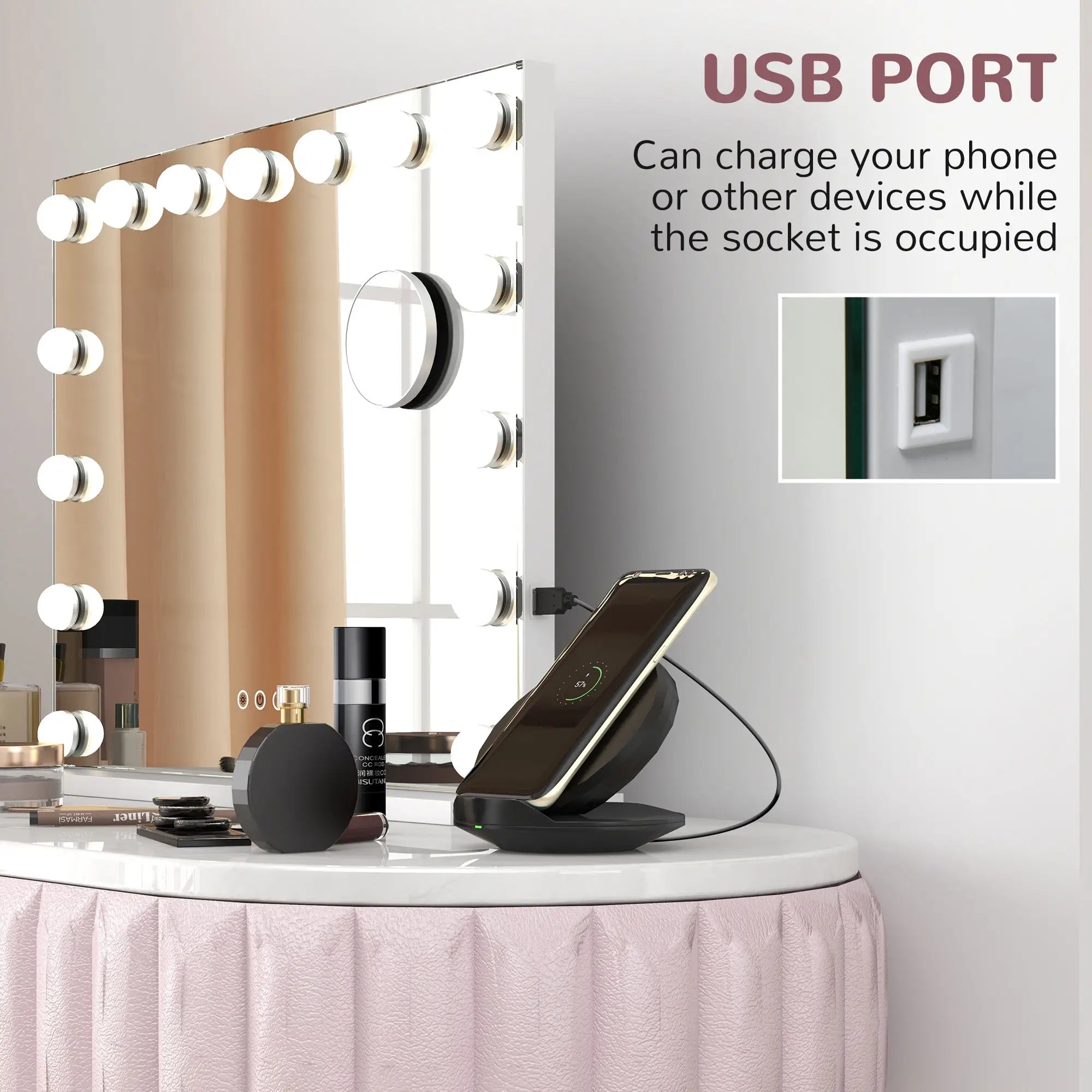 Hollywood Makeup Mirror With Lights, 3 Lighting Modes, USB Charging, White Dressing & Vanity Tables at Gallery Canada