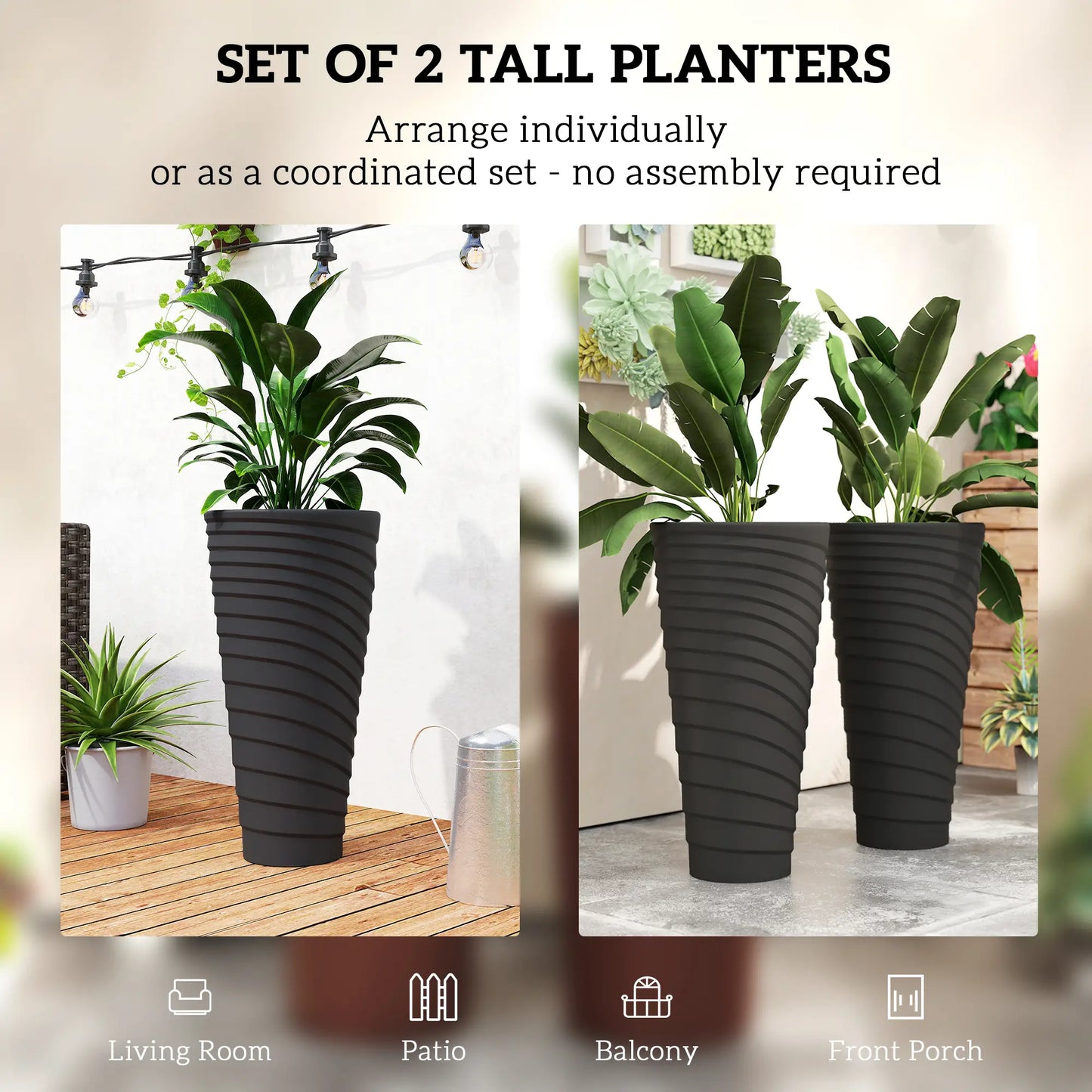 29" Tall Stackable Planters, Set of 2, Indoor Outdoor, Black Planter Set at Gallery Canada