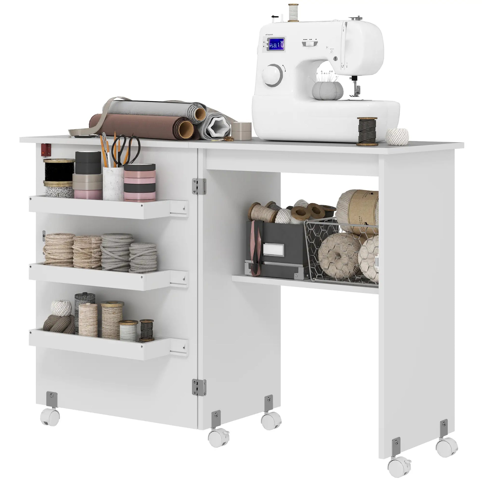Folding Sewing Table with Storage, Lockable Wheels, White Storage Cabinets White at Gallery Canada