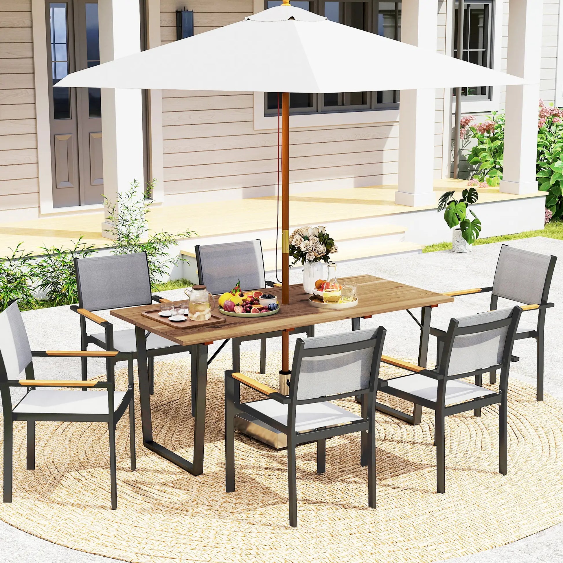 Wooden Outdoor Dining Table for 6, 2" Umbrella Hole, Slatted Tabletop, Metal Frame Patio Dinning Tables at Gallery Canada