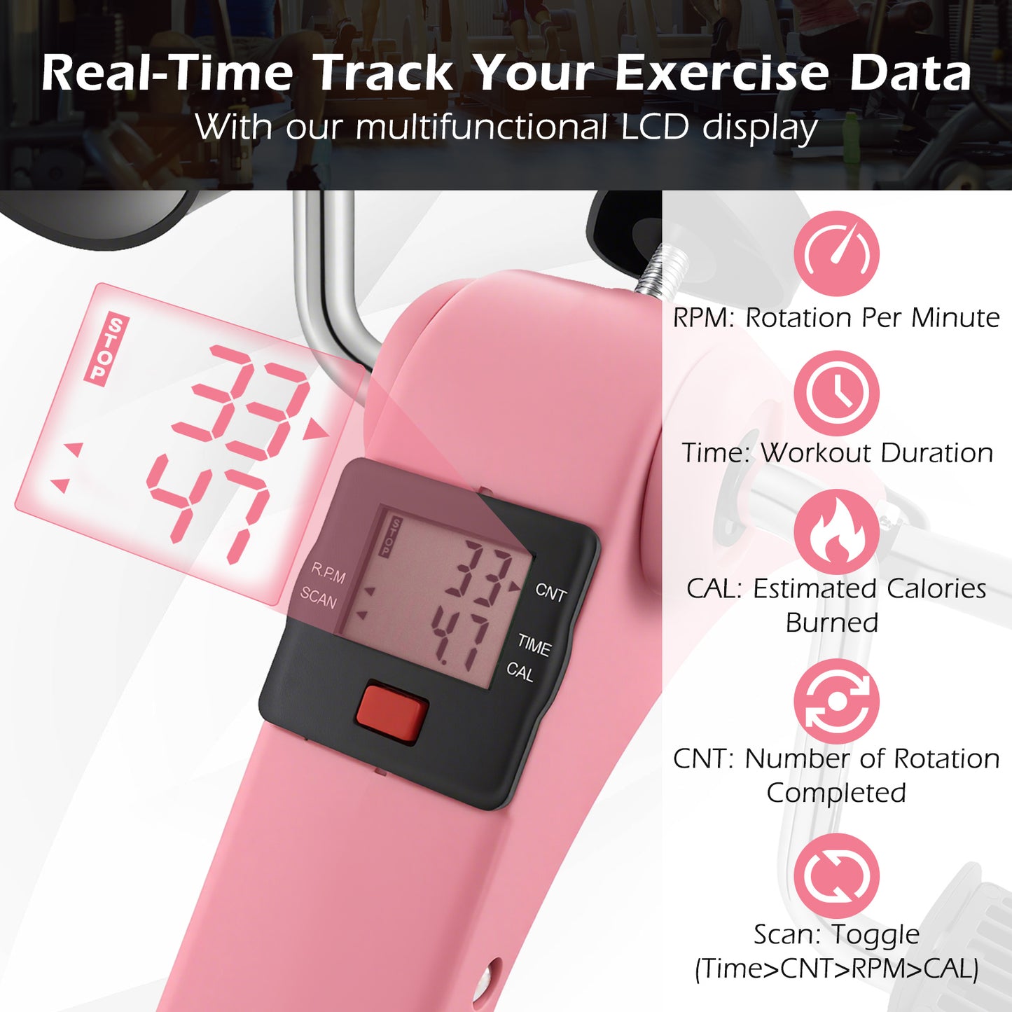 Under Desk Exercise Bike Pedal Exerciser with LCD Display for Legs and Arms Workout, Pink