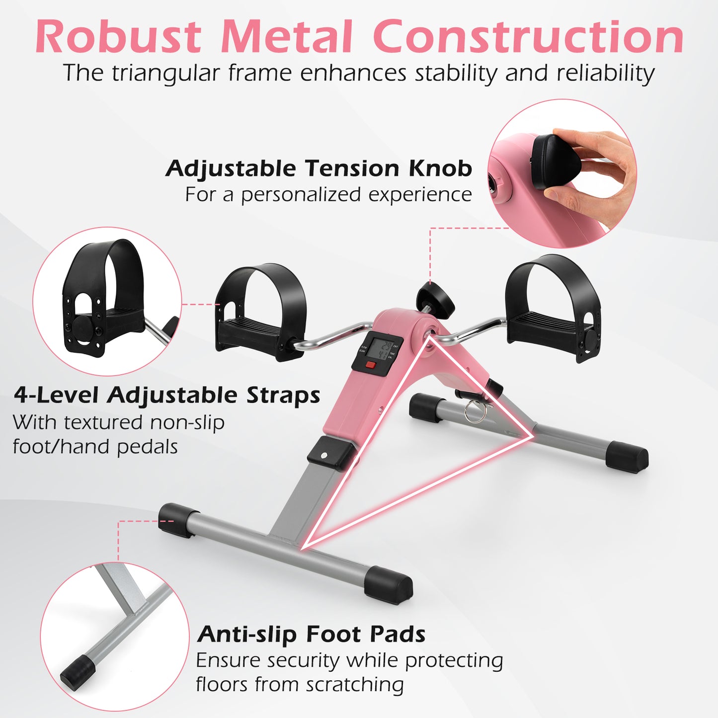 Under Desk Exercise Bike Pedal Exerciser with LCD Display for Legs and Arms Workout, Pink