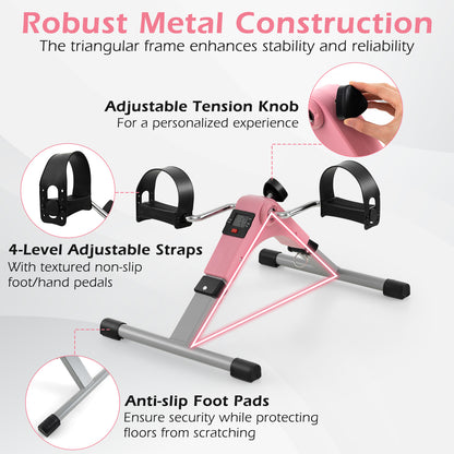 Under Desk Exercise Bike Pedal Exerciser with LCD Display for Legs and Arms Workout, Pink