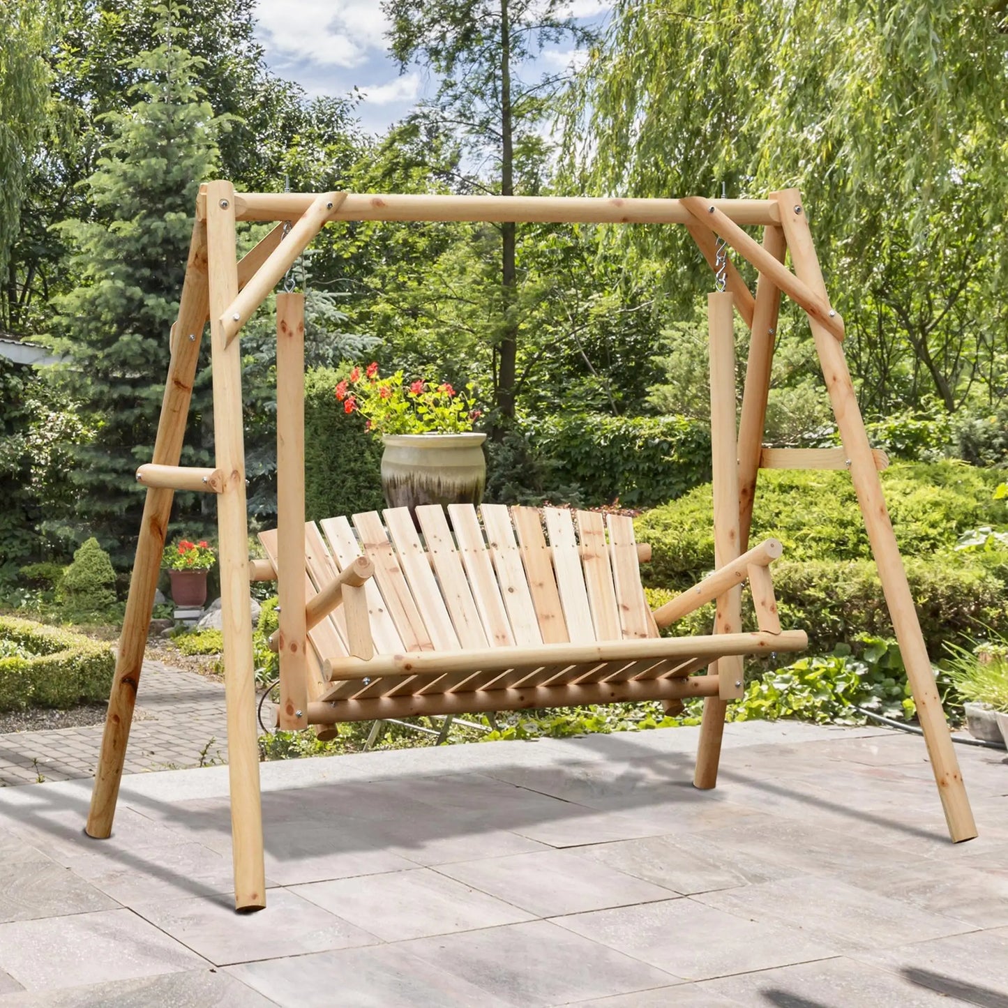 6.5' Wooden Loveseat, Farmhouse Style Log Swing, Natural Wood Patio Swings with Stand at Gallery Canada