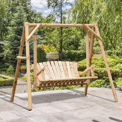 6.5' Wooden Loveseat, Farmhouse Style Log Swing, Natural Wood Patio Swings with Stand at Gallery Canada