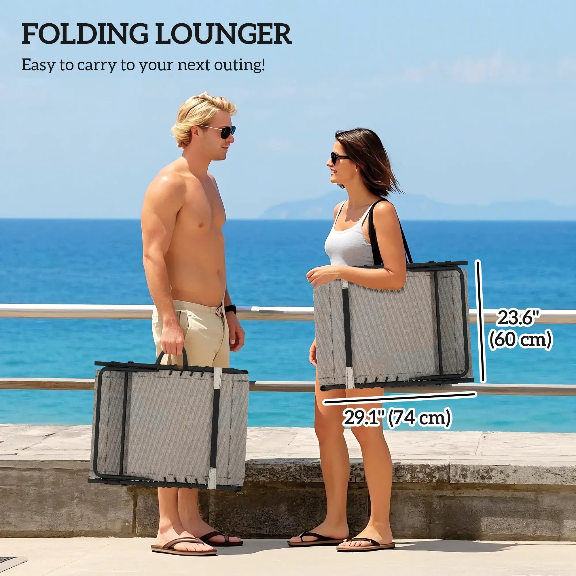 Folding Chaise Lounge Chair Set Of 2, With Cushion And Side Pocket, Brown/Blue Lounger Chairs at Gallery Canada
