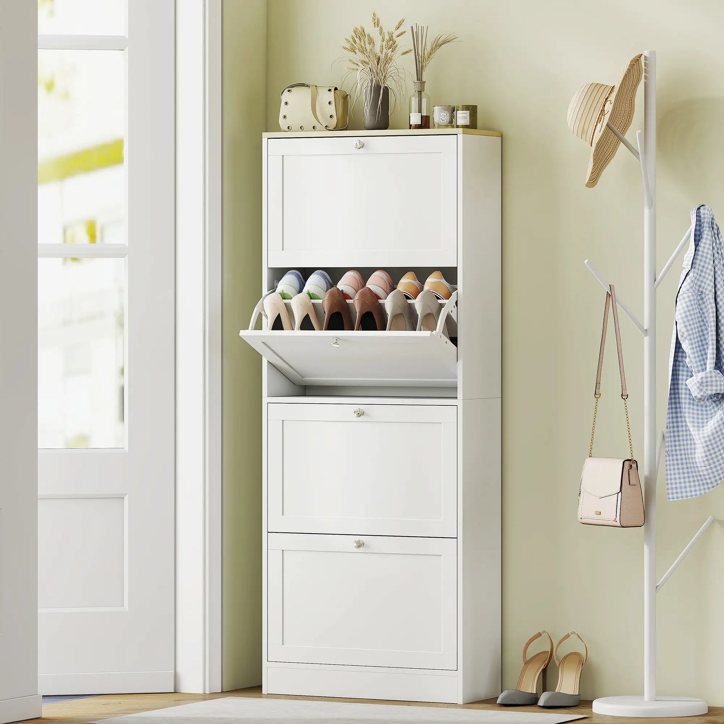Shoe Storage Cabinet, 4 Flip Drawers, Adjustable Shelves, 18-24 Pairs, White