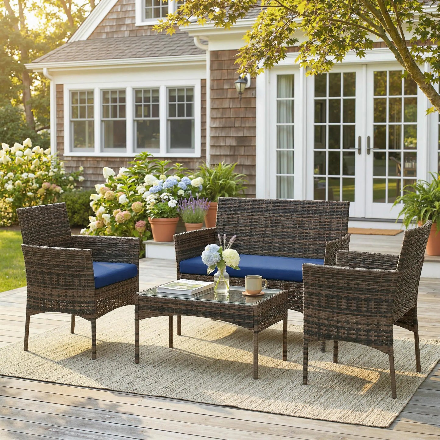 4-Piece Wicker Patio Furniture Set, Glass Coffee Table, Navy Blue Patio Furniture Sets at Gallery Canada