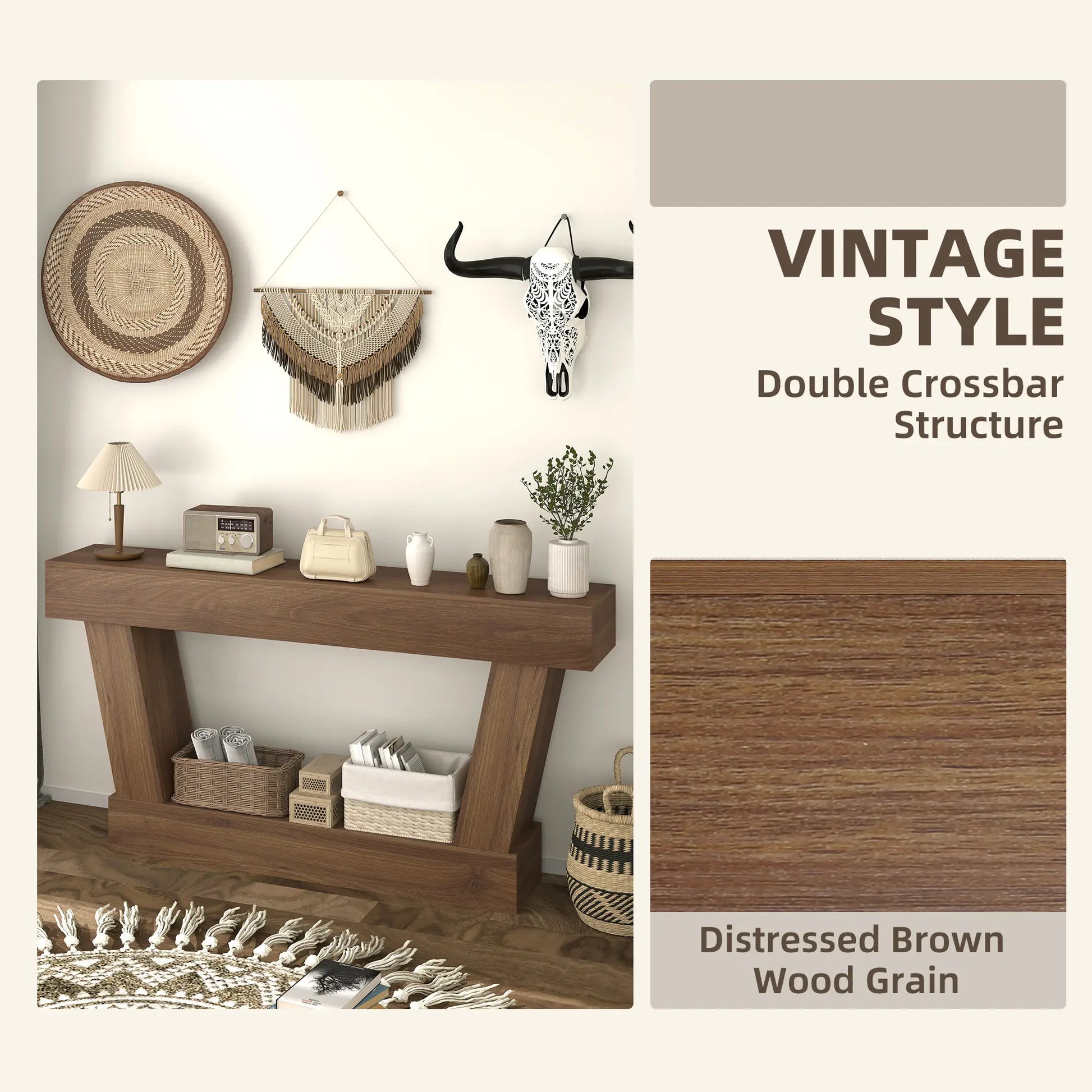 63 Inch Vintage Console Table, Open Shelf, Dark Brown Console Tables at Gallery Canada