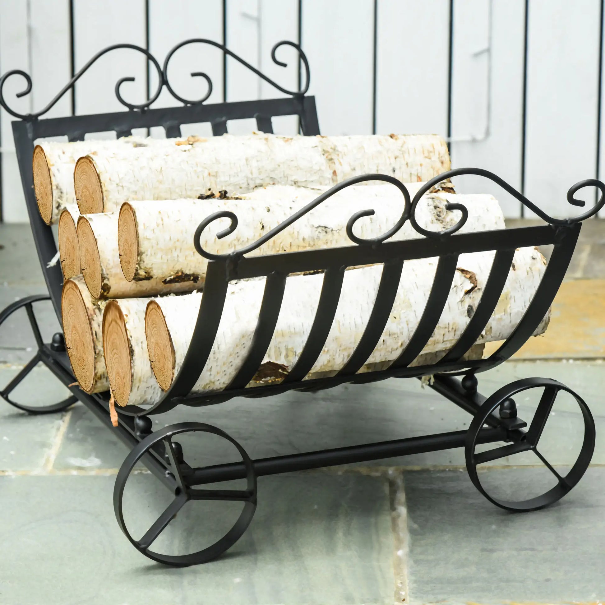 23" Curved Firewood Log Rack, Scroll Design, Indoor Outdoor, Black Firewood Racks at Gallery Canada