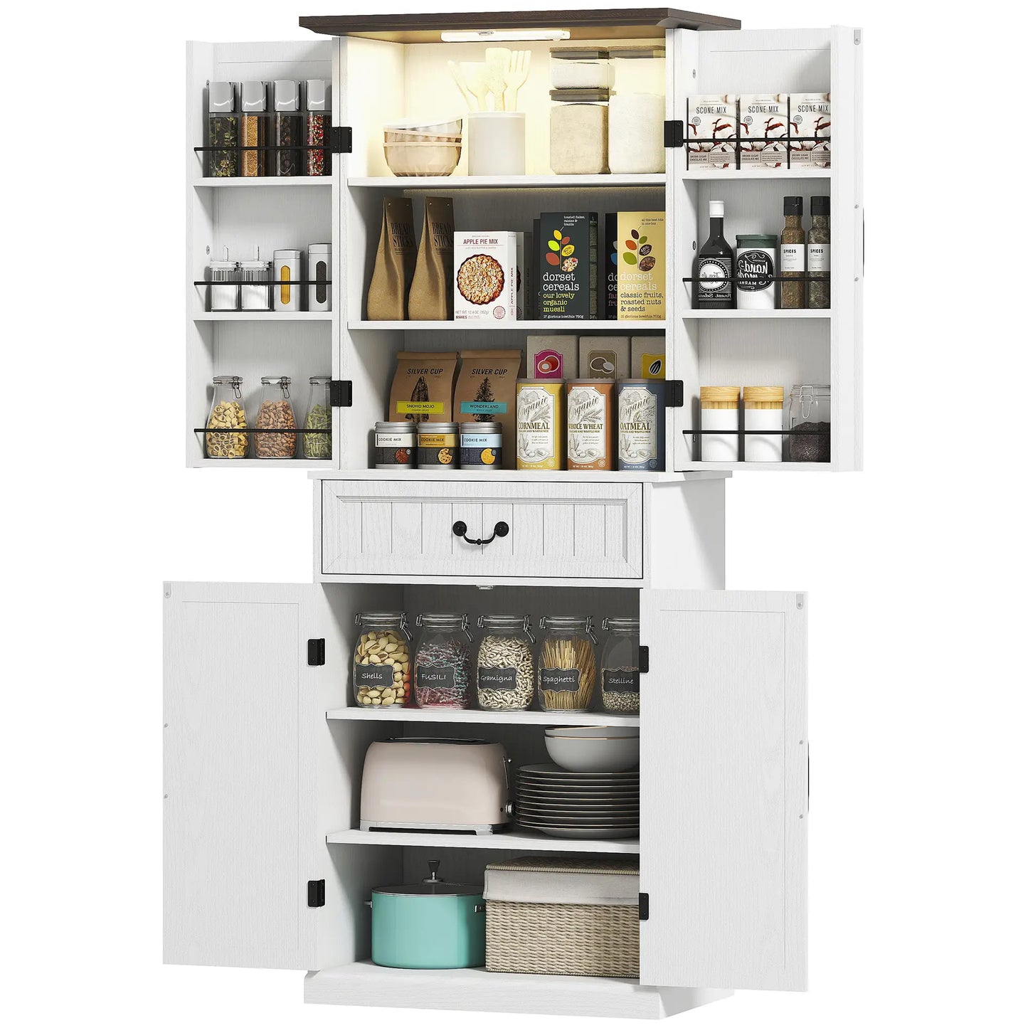 71" LED Kitchen Pantry Cabinet, Farmhouse Storage, Distressed White, White Kitchen Pantry Cabinets Distressed White at Gallery Canada