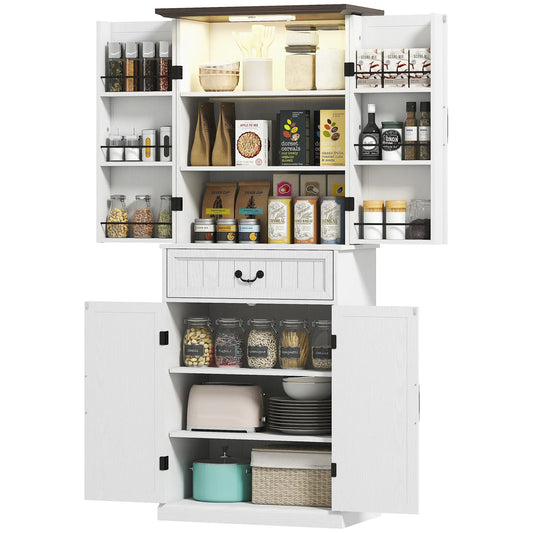71" LED Kitchen Pantry Cabinet, Farmhouse Storage, Distressed White, White Kitchen Pantry Cabinets Distressed White at Gallery Canada