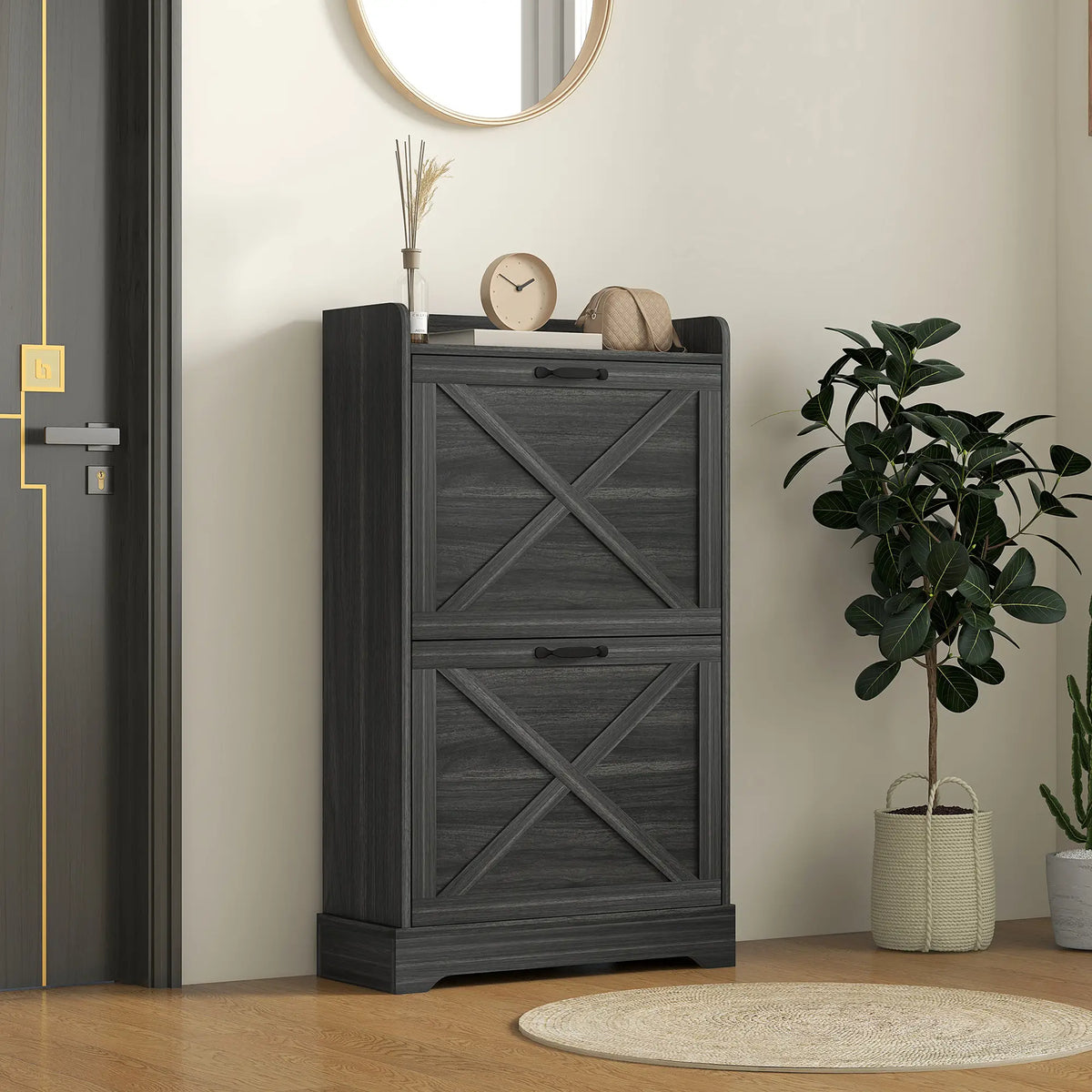 Slim Shoe Storage Cabinet, 2 Flip Drawers, Adjustable Shelves, Distressed, Grey