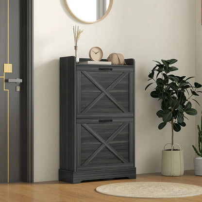 Slim Shoe Storage Cabinet, 2 Flip Drawers, Adjustable Shelves, Distressed, Grey