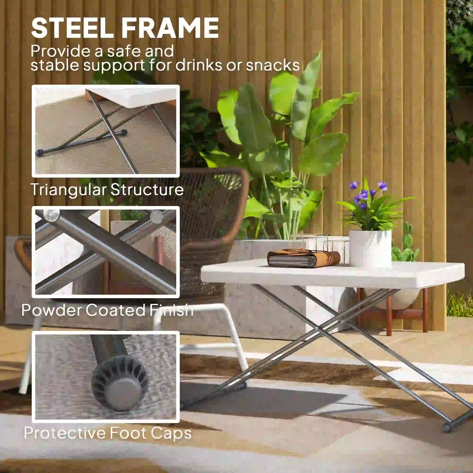 Folding Outdoor Patio Table, 3-Level Adjustable, HDPE Top, Steel Legs, White Patio Dinning Tables at Gallery Canada