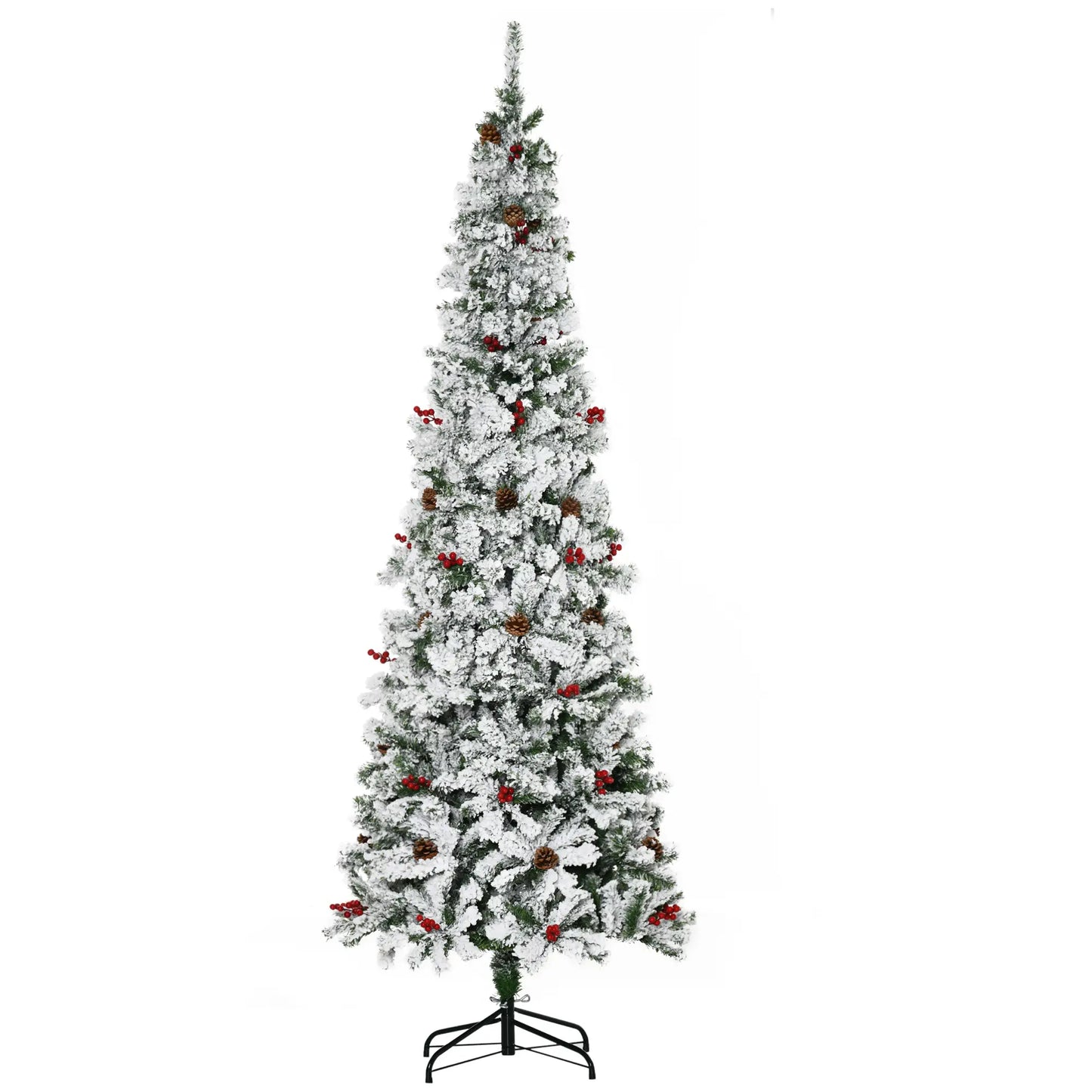 7.5 Foot Flocked Artificial Christmas Tree, 950 Pine Branches, Pine Cones, Red Berries, Green Pencil Christmas Trees Green, White at Gallery Canada